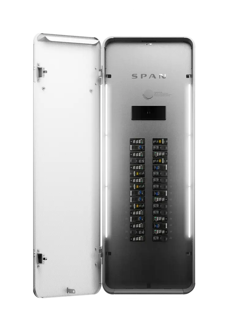 SPAN smart electrical panel with its door open