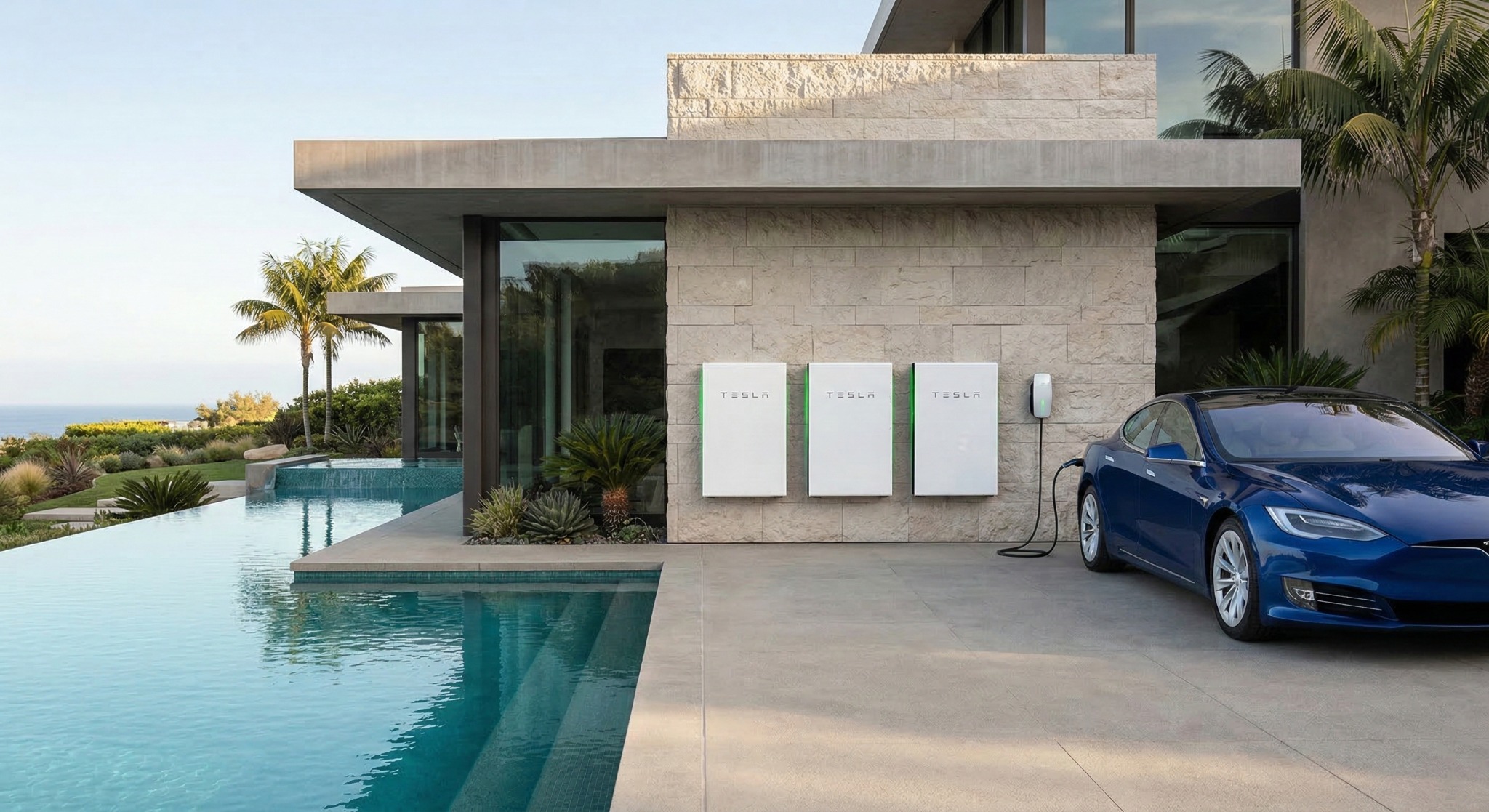 Illustrative home energy scene with Tesla Powerwall units, a Tesla vehicle and a Wall Connector