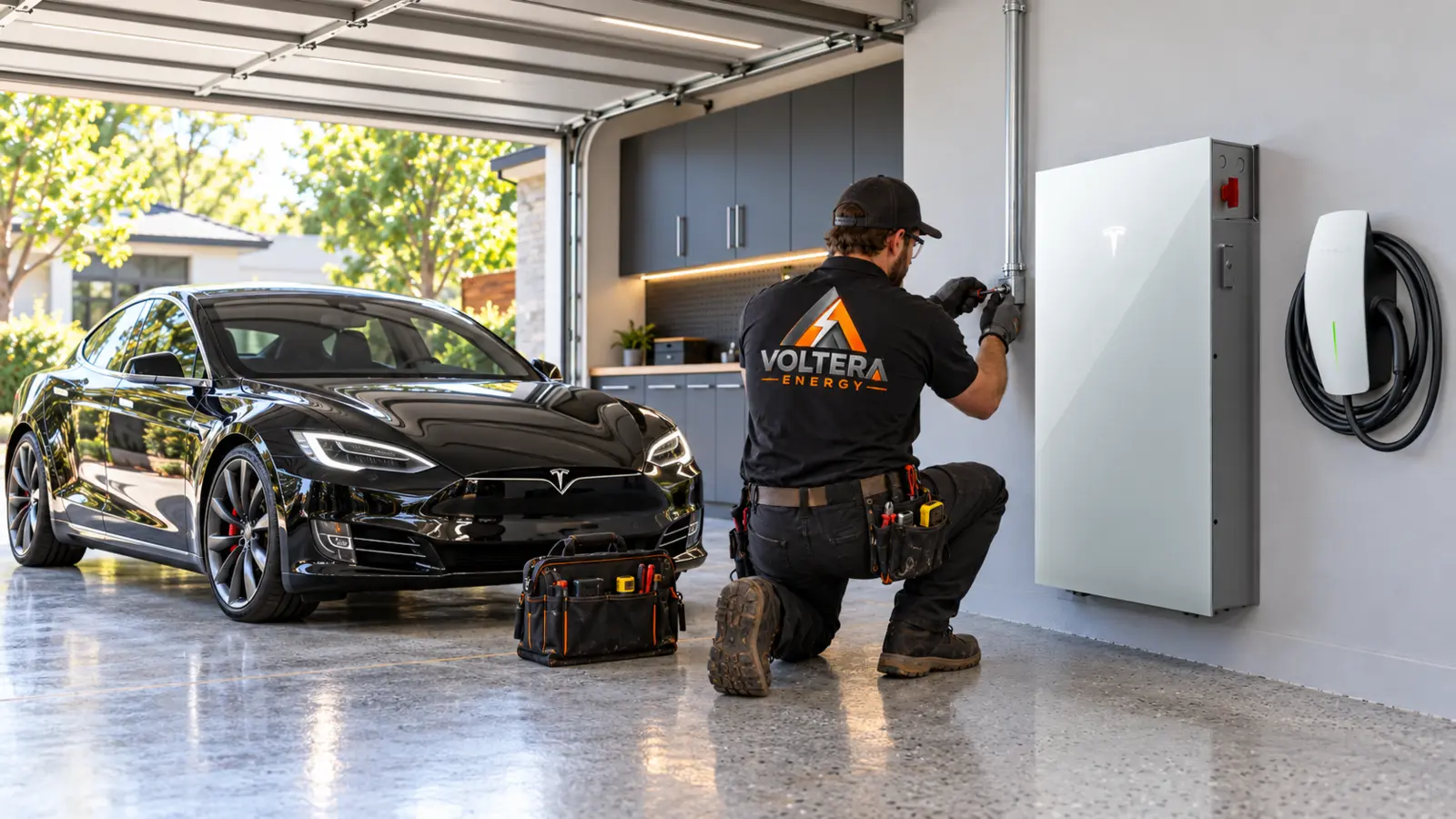 Voltera Energy electrician installing a Tesla Powerwall beside a Tesla Model S and Wall Connector in a modern garage