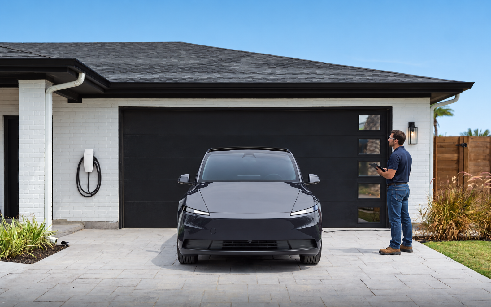 Representative U.S. home charging scene with an electrician beside a Tesla Wall Connector mounted to the left of the vehicle