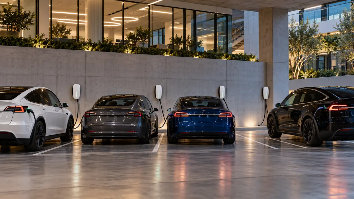 Four Tesla vehicles connected to wall chargers at a modern commercial property