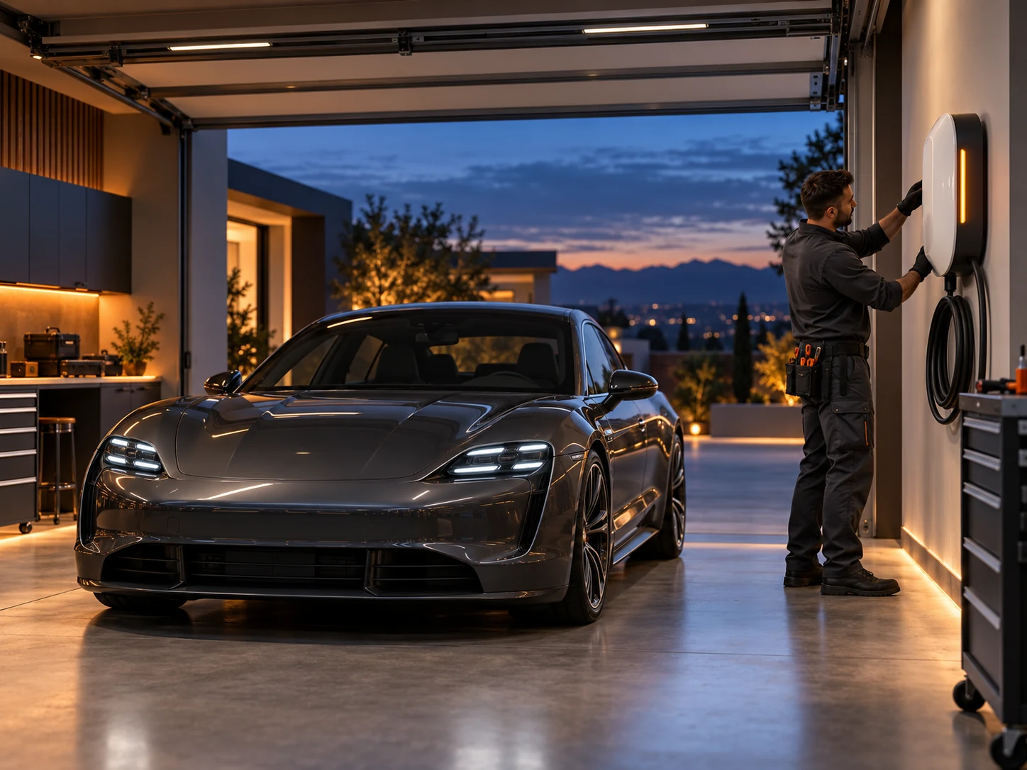 Electrician installing a home EV charger beside a premium car in a modern garage