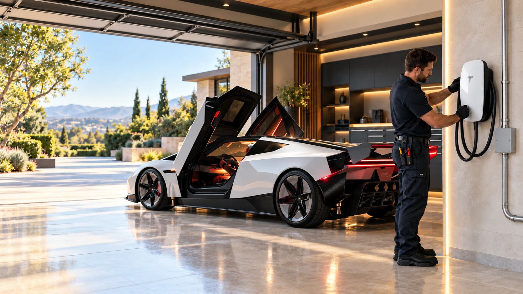 Electrician installing a Tesla Wall Connector beside an electric sports car in a high-end home garage