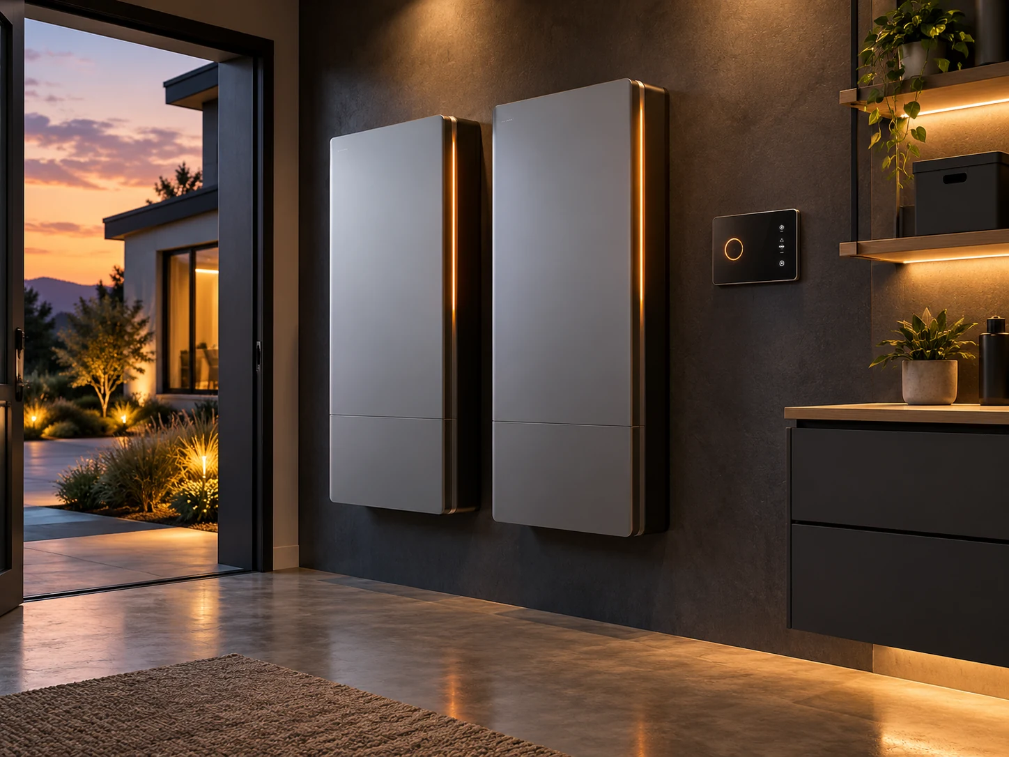 Two wall-mounted home batteries in a modern utility room
